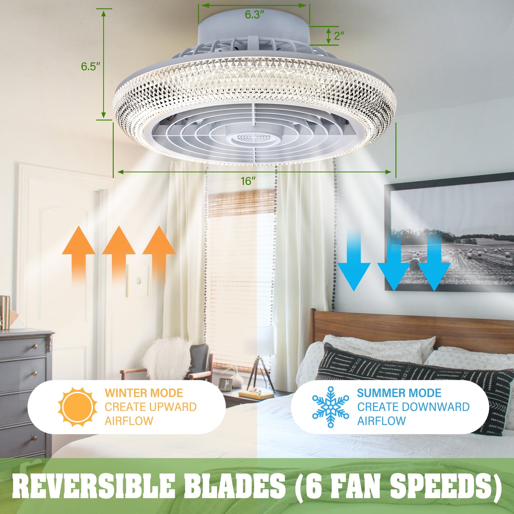 TCFUNDY 16" Smart Ceiling Fan w/ Light, RGB & LED, Smart Control Compatible with Voice Assistant Alexa/Google/Siri, Bladeless Fan w/ 6 Speeds & Reversible, White