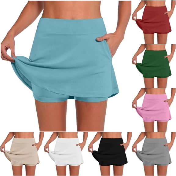 Gyujnb Tennis Skirts for Women, Trendy Stretchy Tummy Control High Waist Mini Skirt Summer Casual Athletic Skort with Pockets,Light Blue