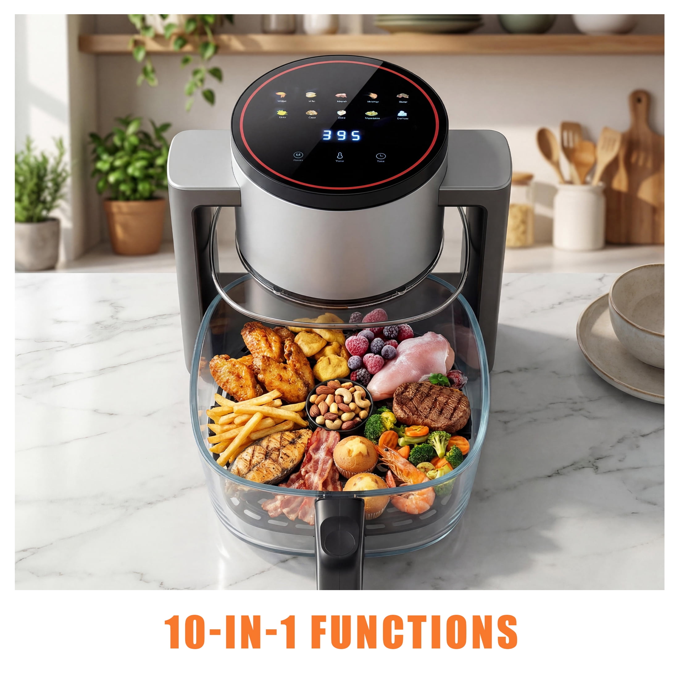 edx Glass Air Fryer, 4.5L Transparent Cooking Bowl, Reheat Function, Temperature Control, Dishwasher Safe, Black