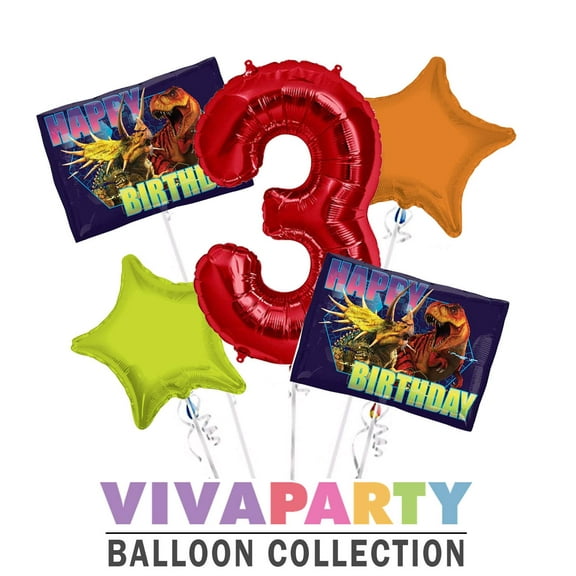 Jurassic World Round Balloon Bouquet 5 pc, 3rd Birthday, Red Number 3 Jumbo Balloon | Viva Party Balloon Collection
