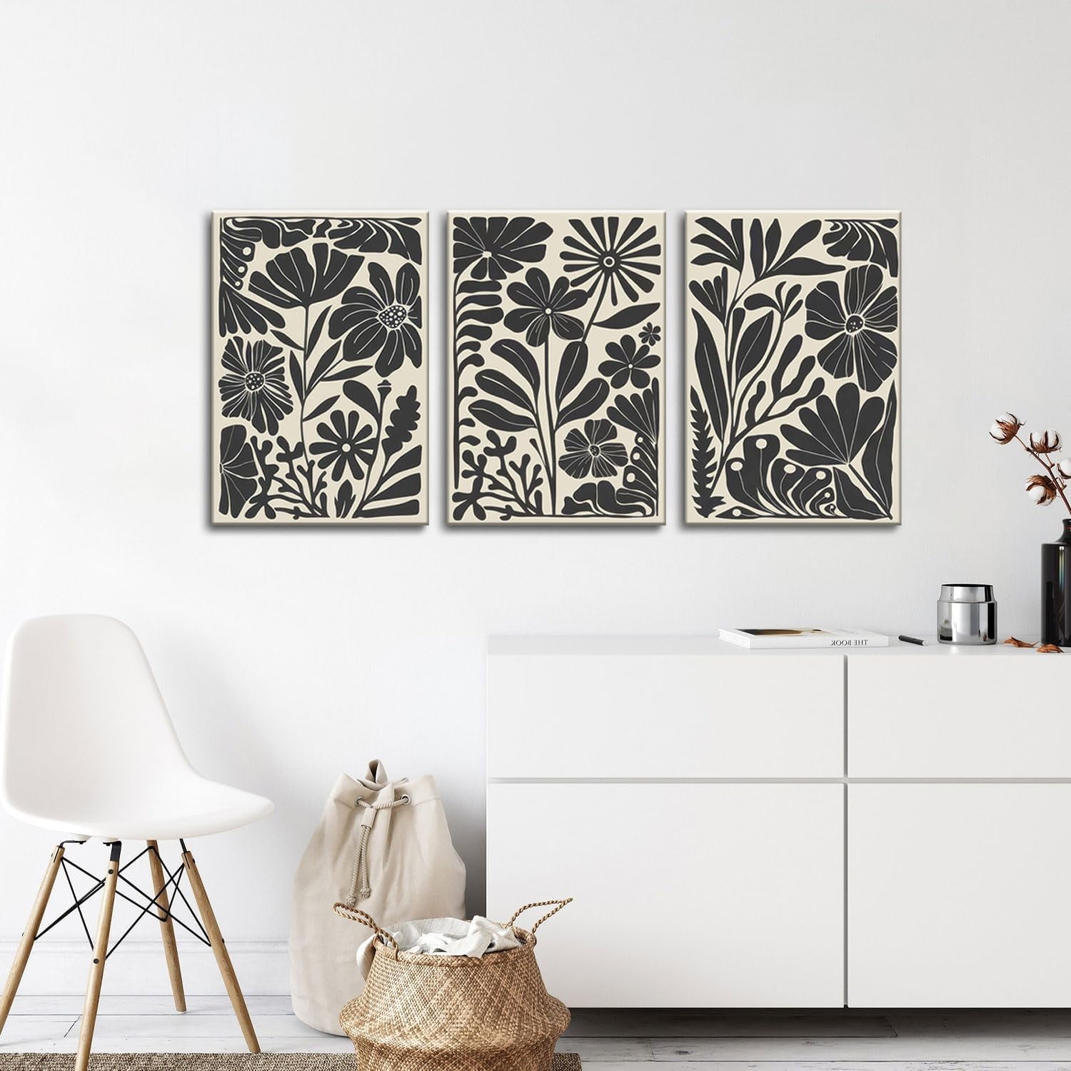Black Beige Abstract Floral Botanical Canvas Framed Wall Art Prints Minimalist Modern Boho Flower Market Painting Poster Pictures Wall Decor for Bedroom Livingroom 12"x16"x3