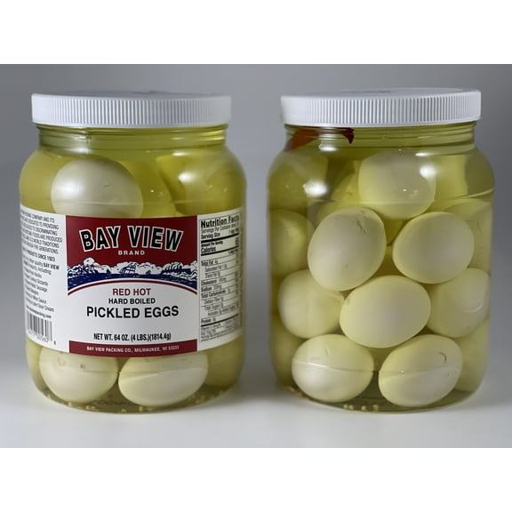 Bay View Brand Red Hot Pickled Eggs (Two 64 Ounce Plastic Jars) Bar Tavern Food