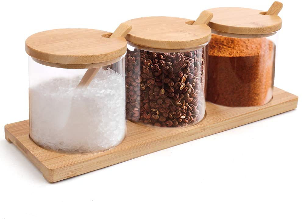 1 Set Glass Seasoning Jars Set Container Condiment Pot with Bamboo Spoon and Lid 