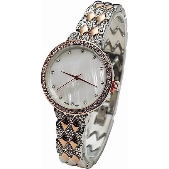 Blekon Collections Japanese Quartz 34mm Case Rhinestone Bezel Link Bracelet Adult Female Watch