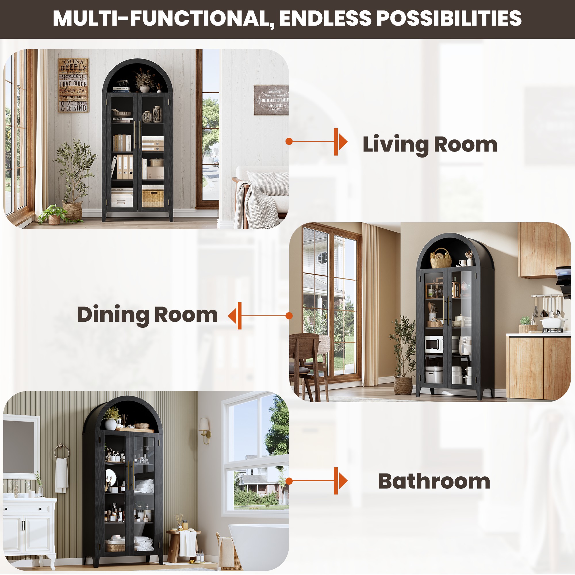 5-Tier Arched Bookcase, Bookshelf with Glass Door, Display Cabinet with Adjustable Shelves, Tall Storage Cabinet for Living Room, Modern Bookcase for Bedroom/Living Room/Home Office