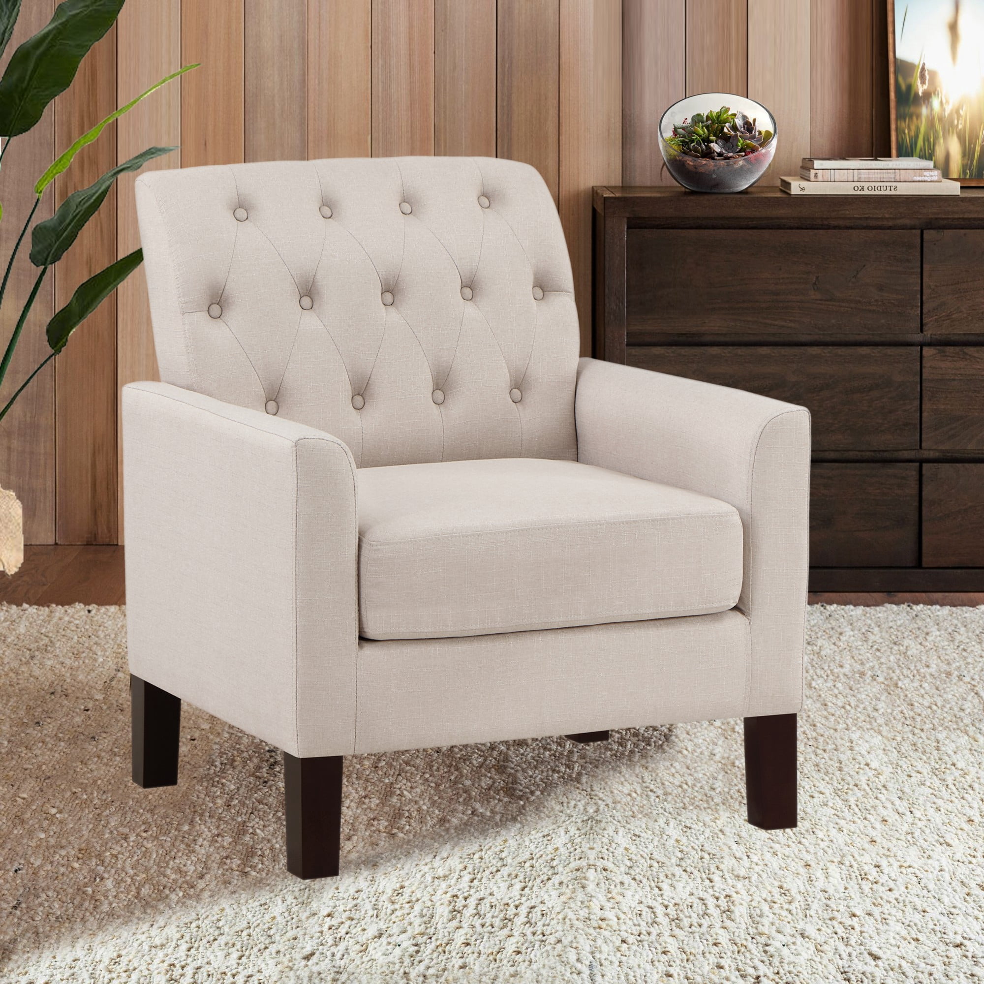 Gewnee Beige 30” Linen Accent Armchair, Solid Rubberwood Legs, Suitable for Living Room & Balcony