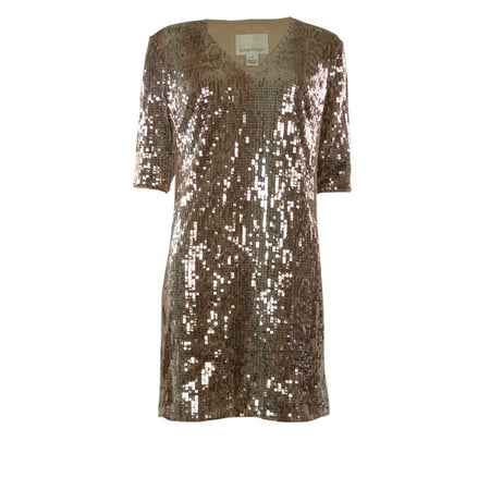 Donna V-neck - Square Sequined V-Neck Half Sleeves Shift Dress