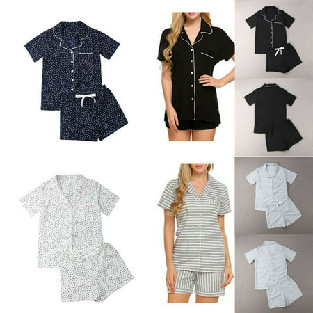 Women's Casual Cotton Button-down Sleepwears Pajamas 2pcs Set Shirt Loungewear (Best Way To Sleep At Night)