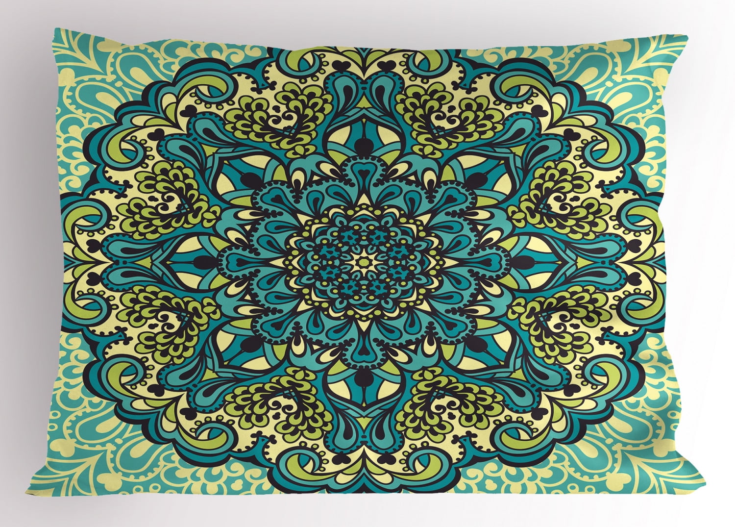 Ethnic Pillow Sham Abstract Flower Arrangement Mandala Style Nature Elements Vibrant, Decorative Standard Queen Size Printed Pillowcase, 30 X 20 Inches, Turquoise Teal Pale Yellow, by Ambesonne