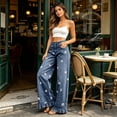 thumbnail image 5 of HongQid Women's Floral Embroidered Wide Leg Jeans High Waisted Ruffled Hem Denim Pants with Pockets, 5 of 7