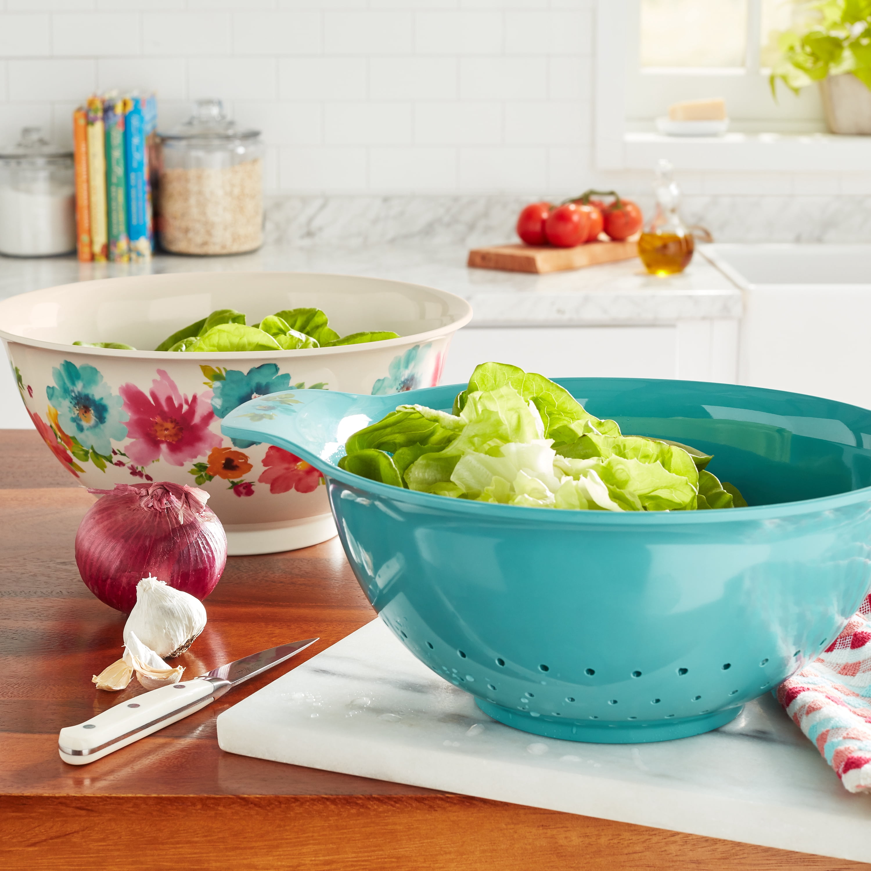 The Pioneer Woman 3-Piece Melamine Bowl and Colander Set, Cheerful Rose