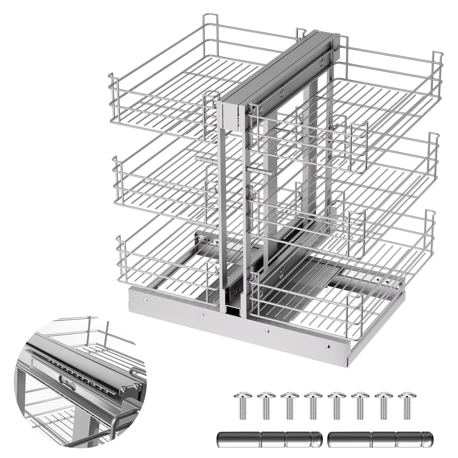 3 Tier 6 Shelf Blind Corner Pull Out Organizer,For Cabinets With Grid Design, Stainless Steel Kitchen Storage Organization, 103 Lbs Under Cabinet Organizer With Metal Glide Slot
