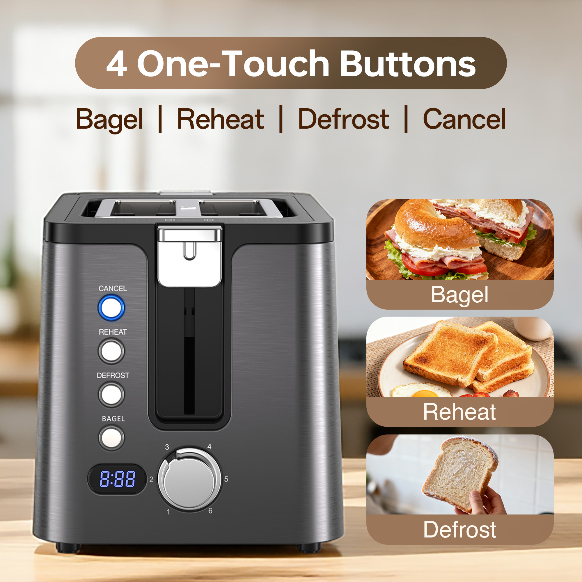Mecity 4-Slice Long Slot Toaster with Countdown Timer, Grey photo 8