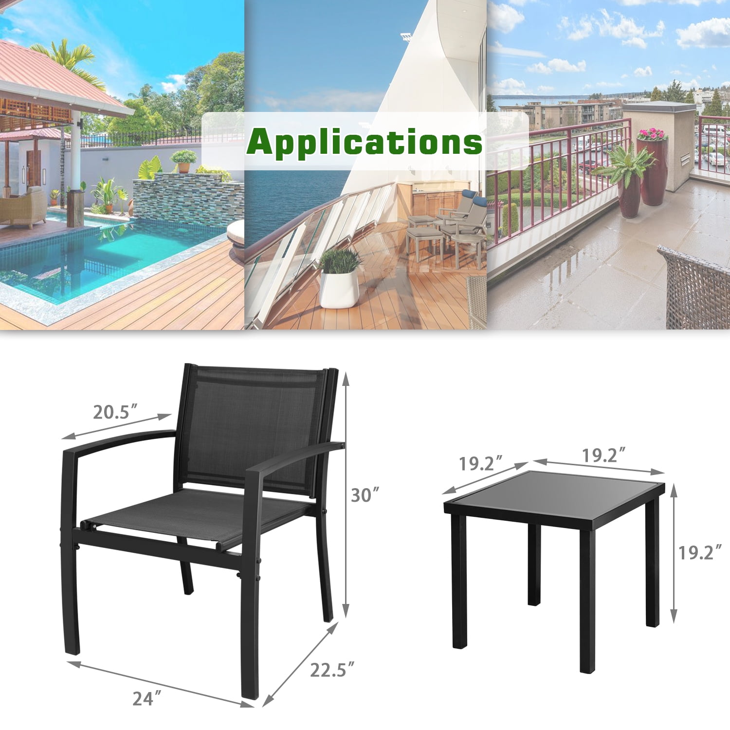 Devoko 3 Pieces Modern Outdoor Conversation  Patio  Furniture Sets Textilene Bistro, with Glassed Table Steel Frame, Black