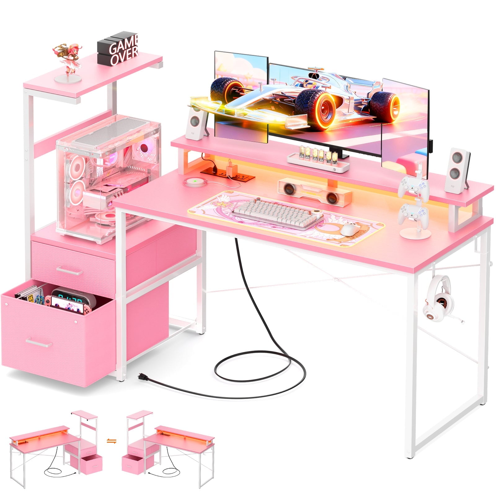 Homieasy Gaming Desk with LED Light Strip and Power Outlet, 59 Inch Reversible Computer Gaming Desk with Monitor Stand & Drawers, Pink
