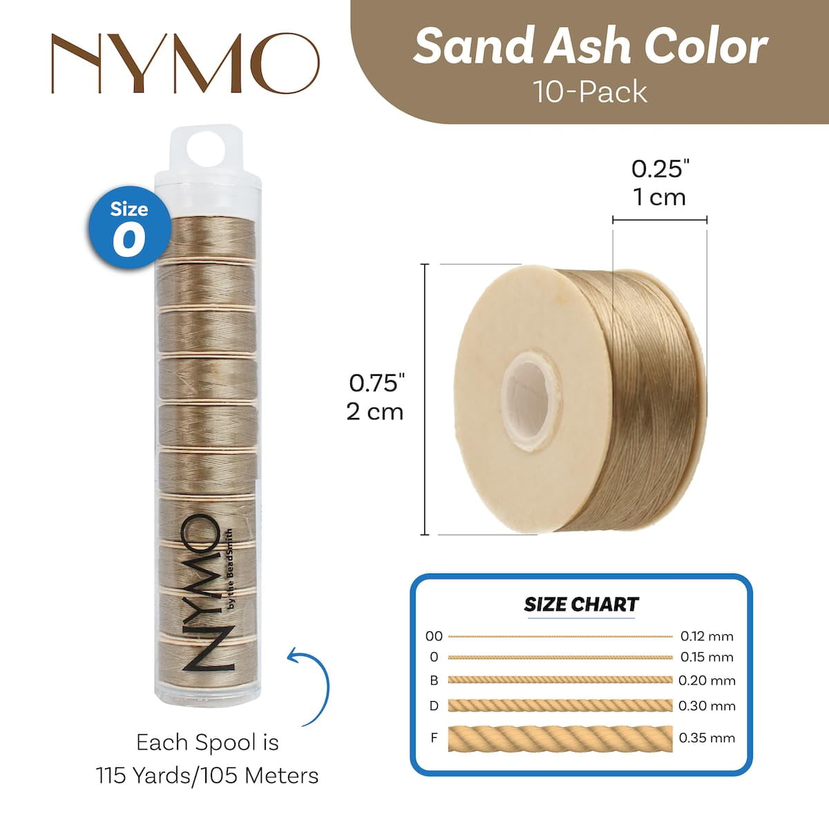 The Beadsmith Nymo Thread – 10-Pack Ash Color – Size 0, .15mm Diameter, 115 Yard/105 Meter Spool – Made of Nylon – Bead Embroidery & Weaving, Off Loom & Loom Work and DIY Craft Projects