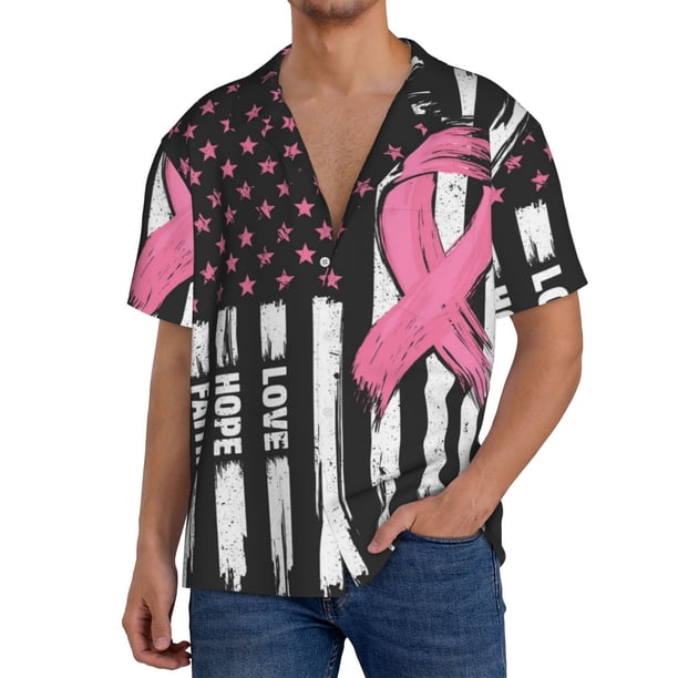 Balery Ribbon Breast Cancer Awareness Camisa Casual de Manga Corta con Botones para Hombre, Texturizada, Estilo Cubano, para Playa, Verano-Small
