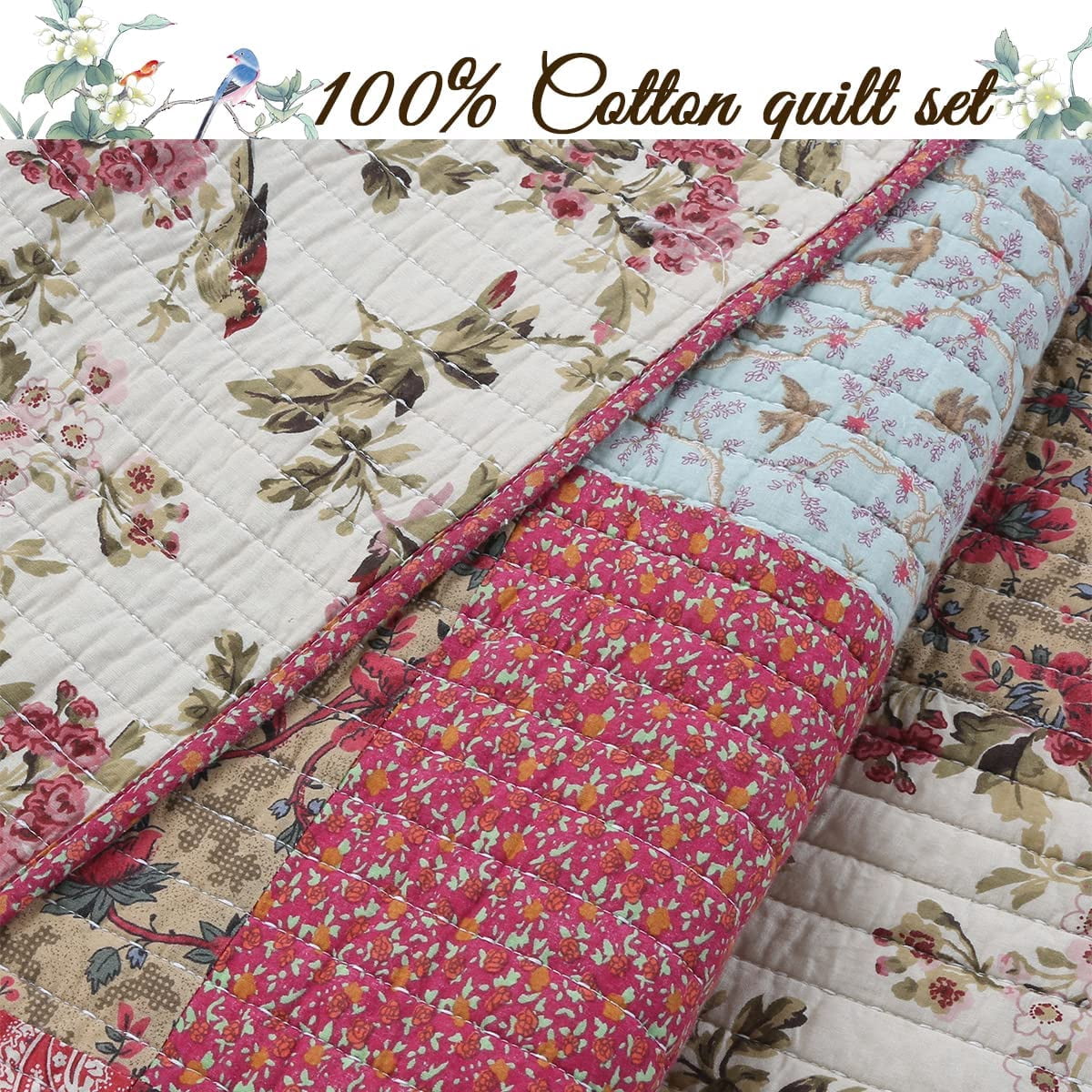 Cozy Line Rosemond Floral Patchwork 100% Cotton 3-Piece Quilt Bedding Set, Queen Set