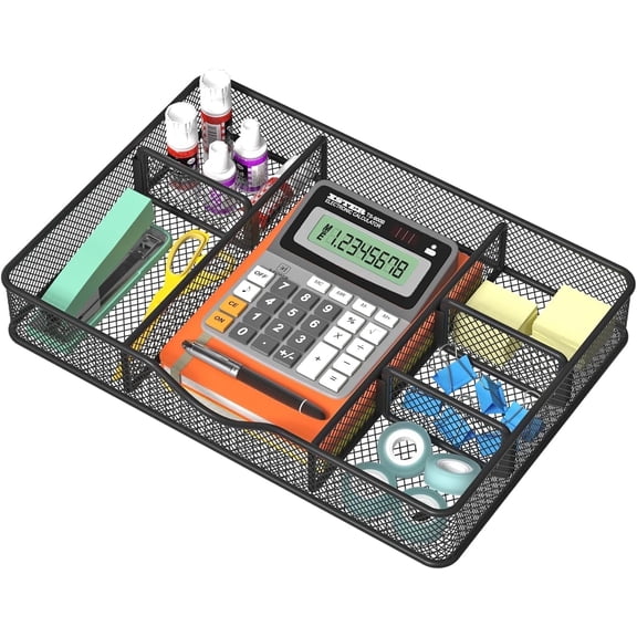 Desk Drawer Organizer, Metal Mesh Drawer Organizer Tray with 6 Adjustable Compartment, Tray Organizer for Desktop, Black, 1PC