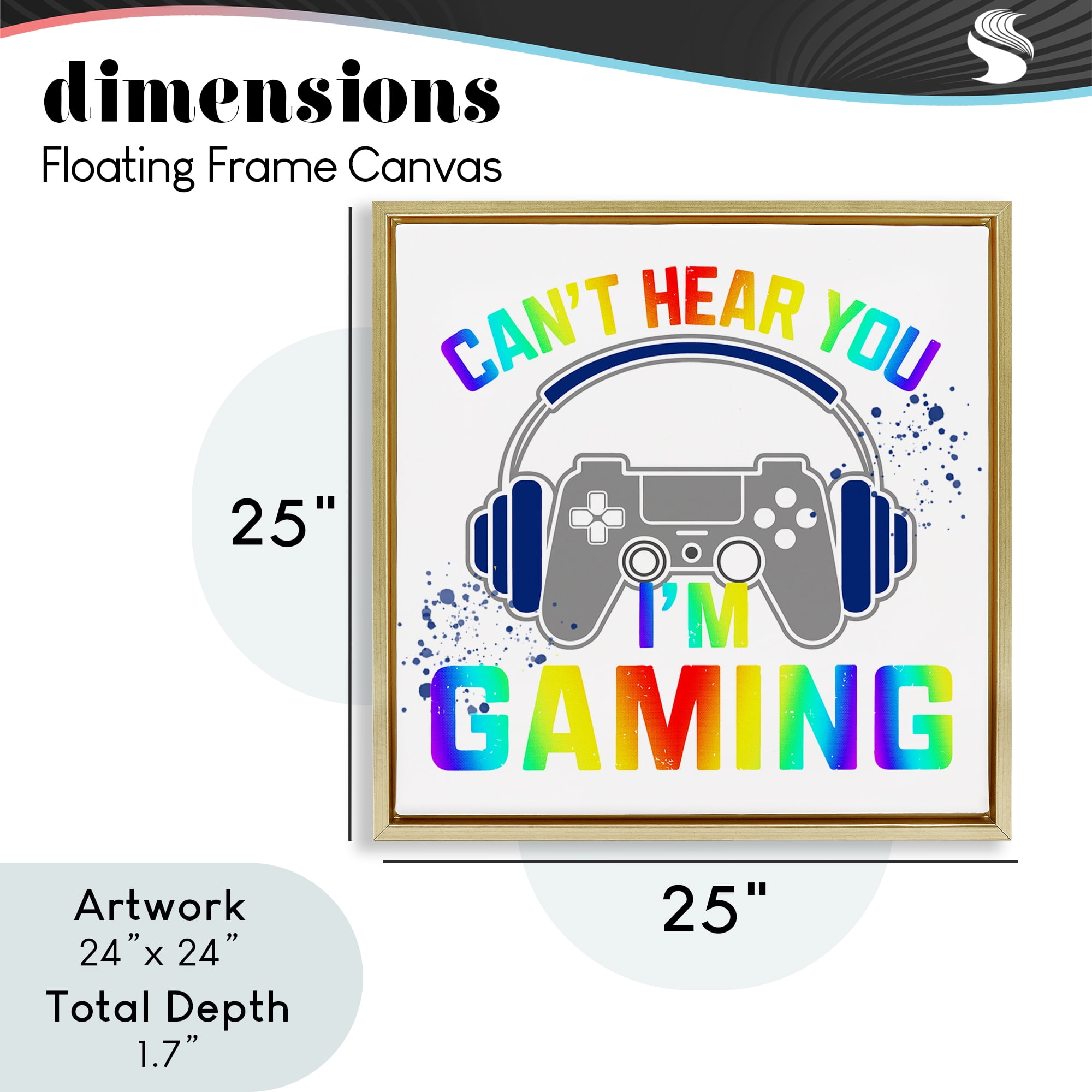 Rainbow Can't Hear You Gaming Gold Framed Floater Canvas Wall Art, design by Kim Allen