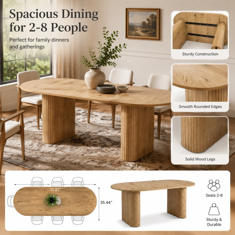 70.8" Long Oval Dining Table for 6-8, Large Wooden Kitchen Dinner Table with Striped Base & Non-Slip Foot Pads