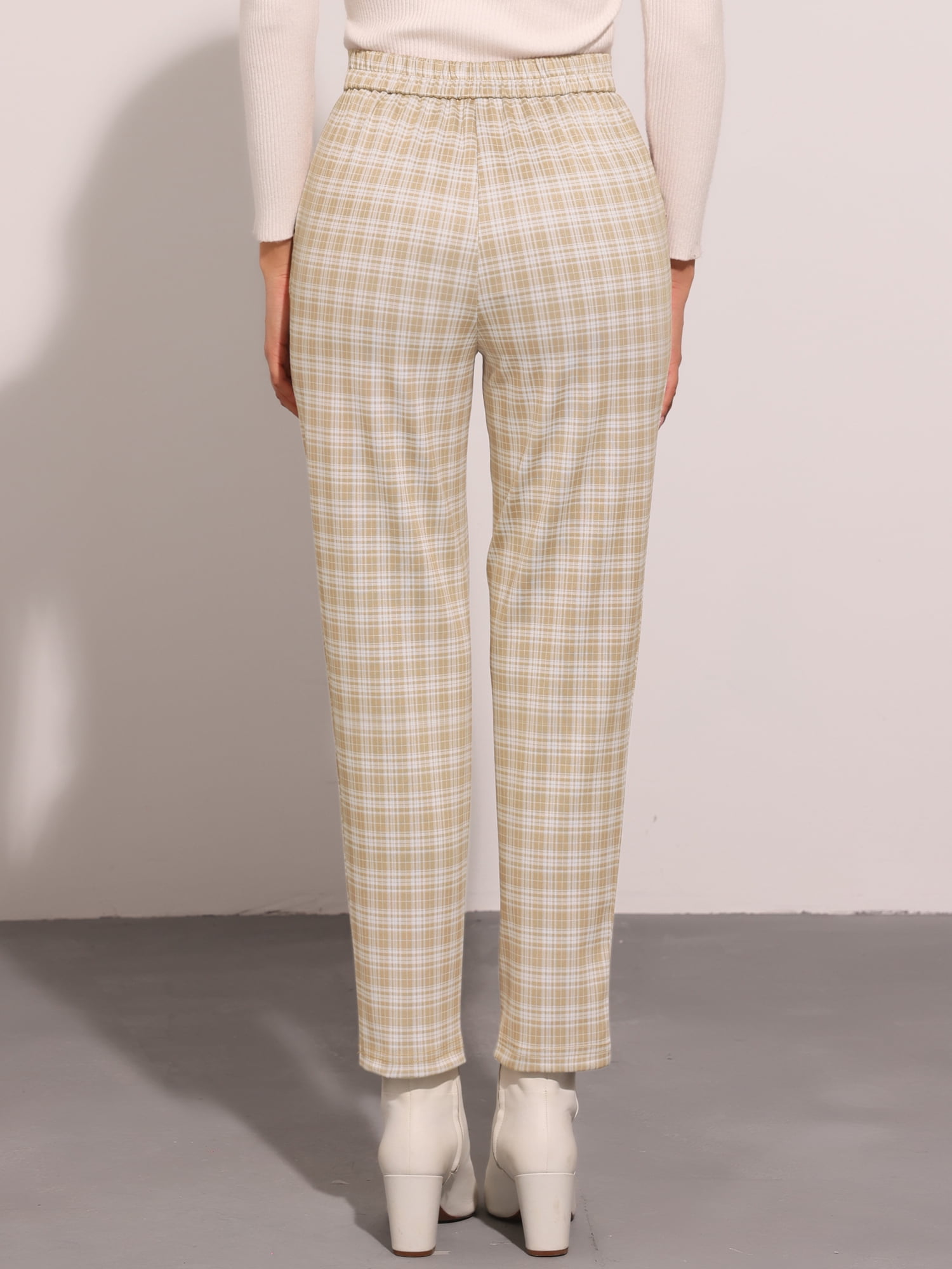 DARING DIVA Women's Tartan Plaid Pants Elastic Waist Straight Trousers L Khaki