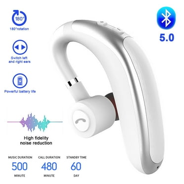 Bluetooth Headset, Bluetooth 5.0 Handsfree Earpiece Time with Mic, Business Headphones Wireless Earphones Fits Left/Right in-Ear Driving Earbuds for iPhone Android Laptop (White)