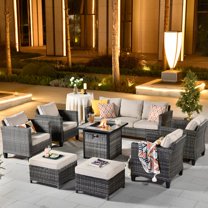 Ovios 8 Pcs Metal Gas Table Set with Grey Conversation Set and Outdoor Sectional Sofa, Beige