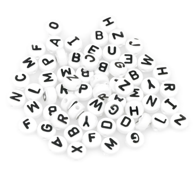 Alphabet Beads White with Black Letters, 10mm Round