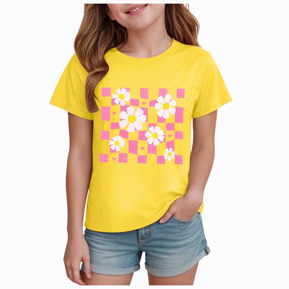 BOBOGOJP Toddler Girls Clothes T-Shirt Short Sleeve Graphic Tee Cartoon Dinosaur 2-14T Girl Shirt Summer Yellow for Size 13-14 Years