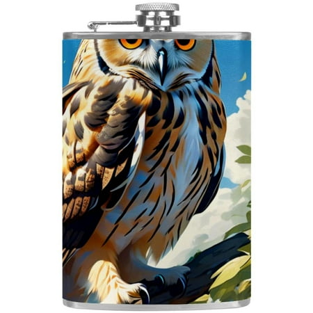

josid Owl Pattern 3.6x6in Stainless Steel Small Flask Leak-Proof Stainless Steel Construction Wrapped in Premium Two-Layer Leather Nano-Printed Design 227ml Capacity