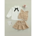 thumbnail image 2 of Toddler Girls 3Pcs Winter Clothes Long Sleeve Shirt Plaid Vest Elastic Waist Ruffle Plaid Skirt Set, 2 of 7