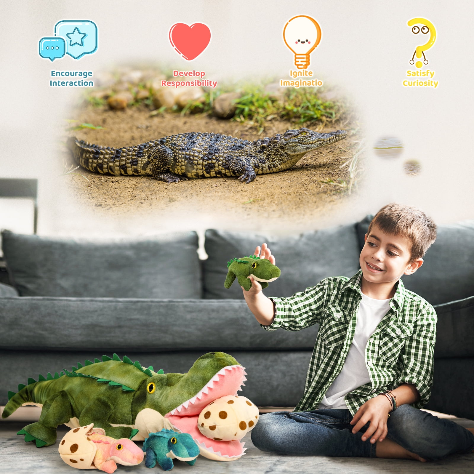 MorisMos 24" Interactive Crocodile Family Plush Toy Set, Alligator Stuffed Animal Mommy with 3 Babies and 3 Eggs