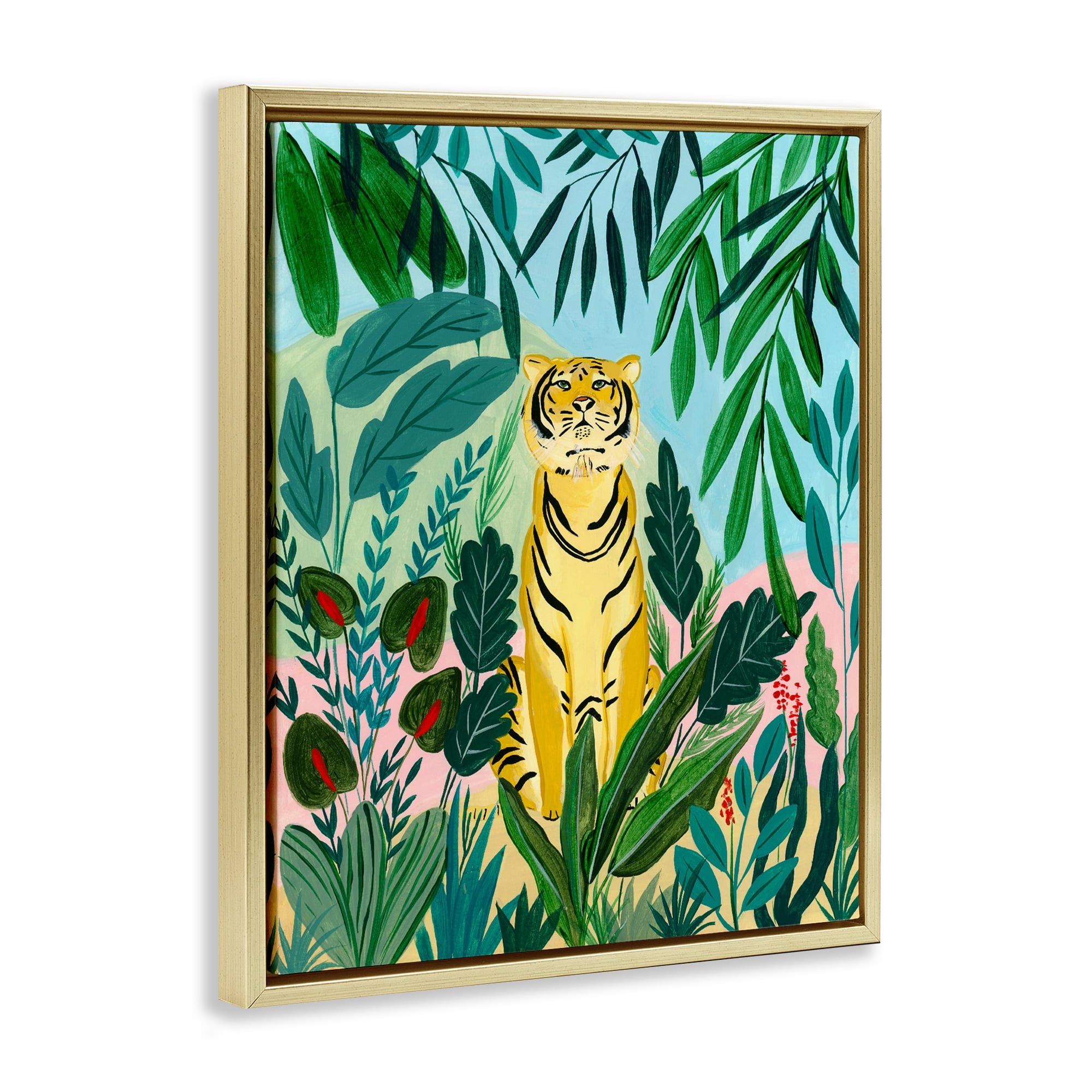 Stoic Tiger Tropical Forest Gold Framed Floater Canvas Wall Art, design by Nabeela Rumi