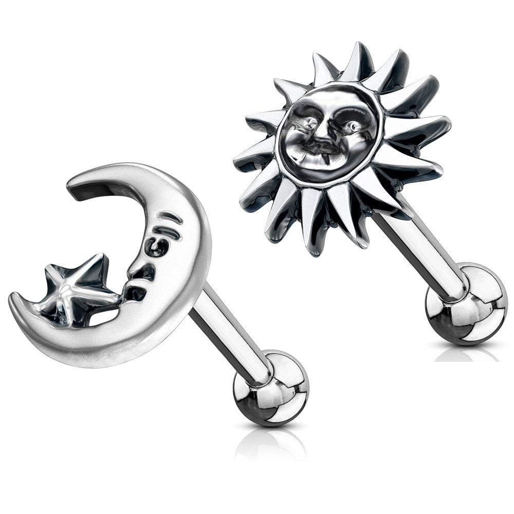 Mobody - MoBody 2 Pieces Antique Sun and Moon Tragus Earring Set Surgical Steel Cartilage Piercing Barbell Stud 16G