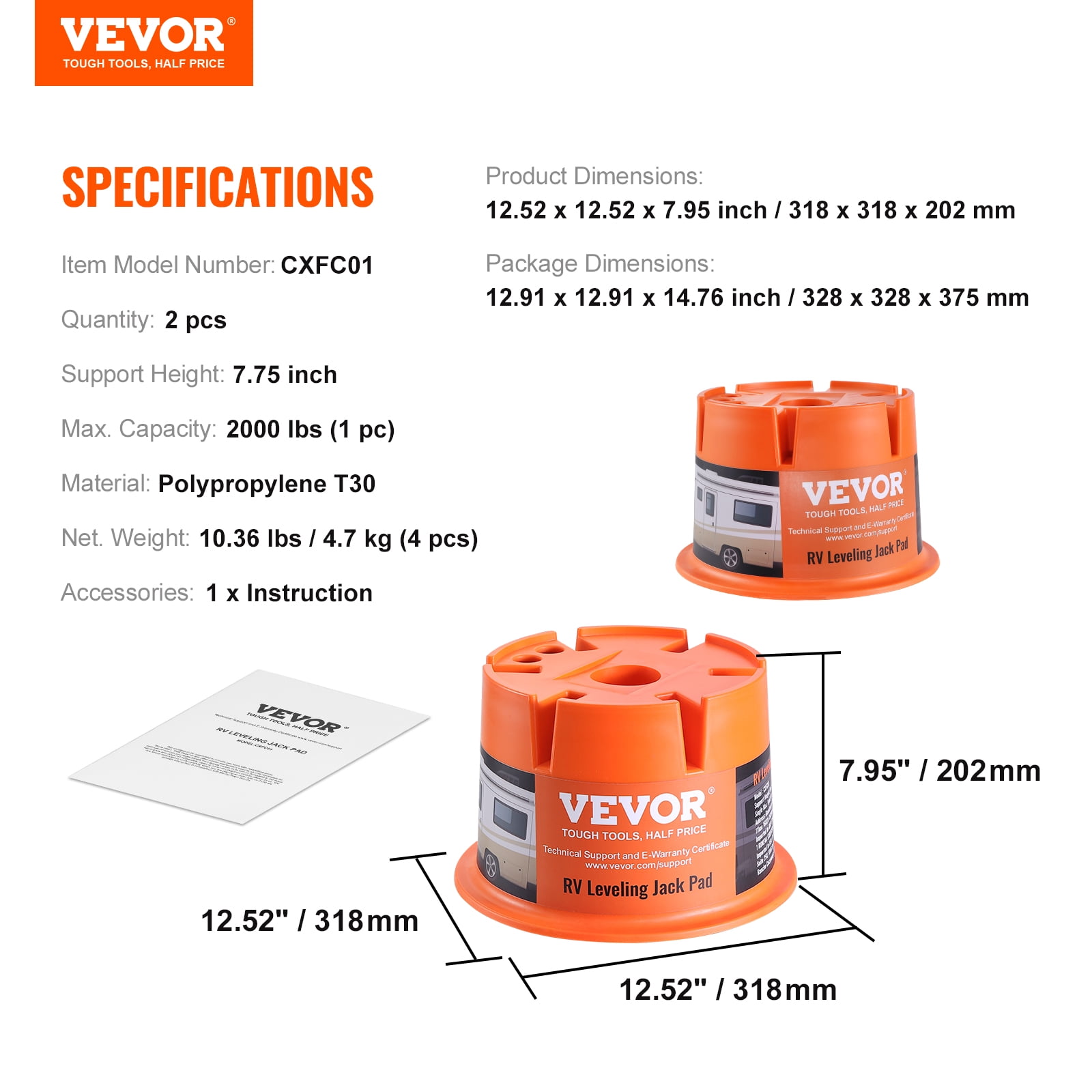 VEVOR Trailer Jack Block,2000 lbs Capacity per RV Leveling Block, High-quality Polypropylene RV Camper Stabilizer Blocks, RV Travel Accessories Use for Any Tongue Jack, Post, Foot, 5th Wheels, 2-Pack