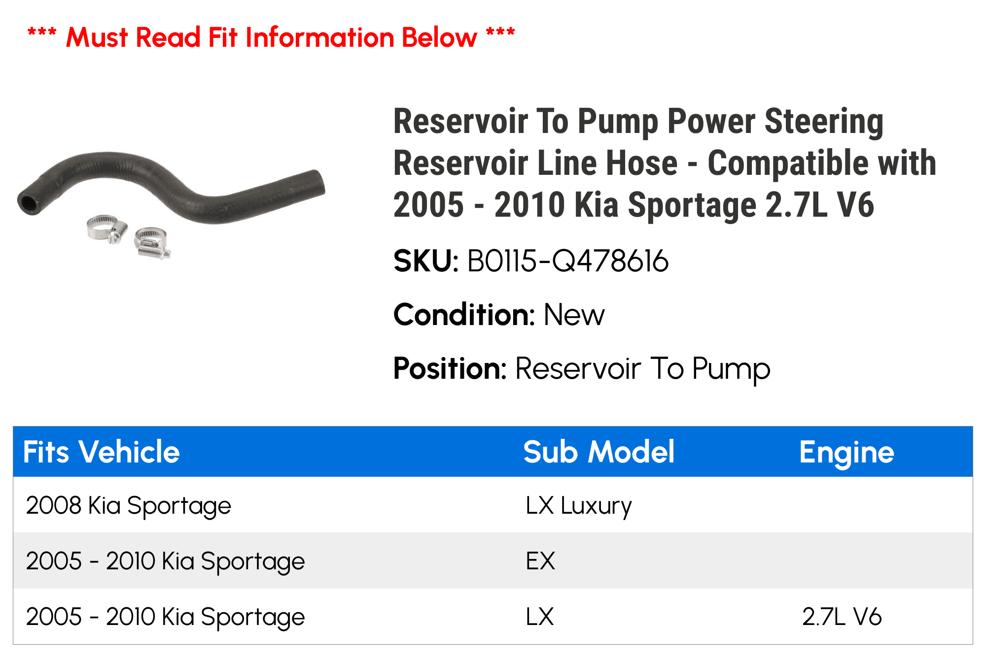 Reservoir To Pump Power Steering Reservoir Line Hose - Compatible with 2005 - 2010 Kia Sportage 2.7L V6 2006 2007 2008 2009