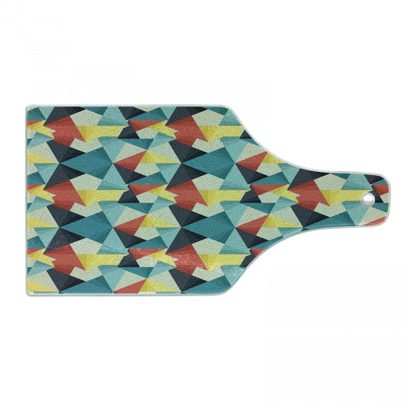 Abstract Cutting Board, Colorful Geometric Triangles Fractal Unusual Various Forms Hipster Graphic, Decorative Tempered Glass Cutting and Serving Board, Wine Bottle Shape, Multicolor, by Ambesonne