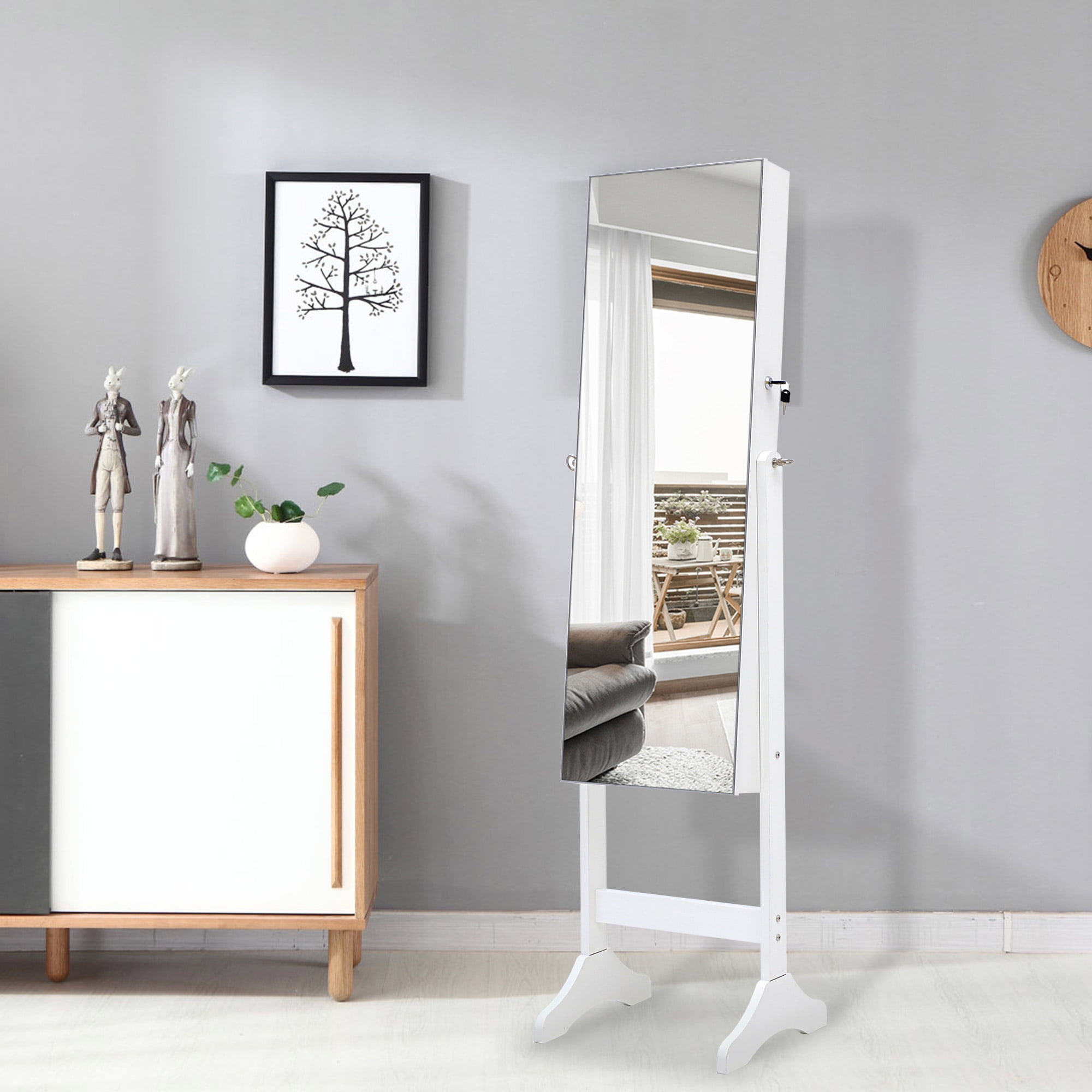 Kepooman Jewelry Cabinet with Full-Length Mirror, Freestanding Body Mirror with Jewelry Storage, Door/Wall Mounted Jewelry Armoire Organizer, Dressing Mirror with Lockable Cabinet, White Kepooman Jewelry Cabinet with Full-Length Mirror, Freestanding Body Mirror with Jewelry Storage, Door/Wall Mounted Jewelry Armoire Organizer, Dressing Mirror with Lockable Cabinet, White