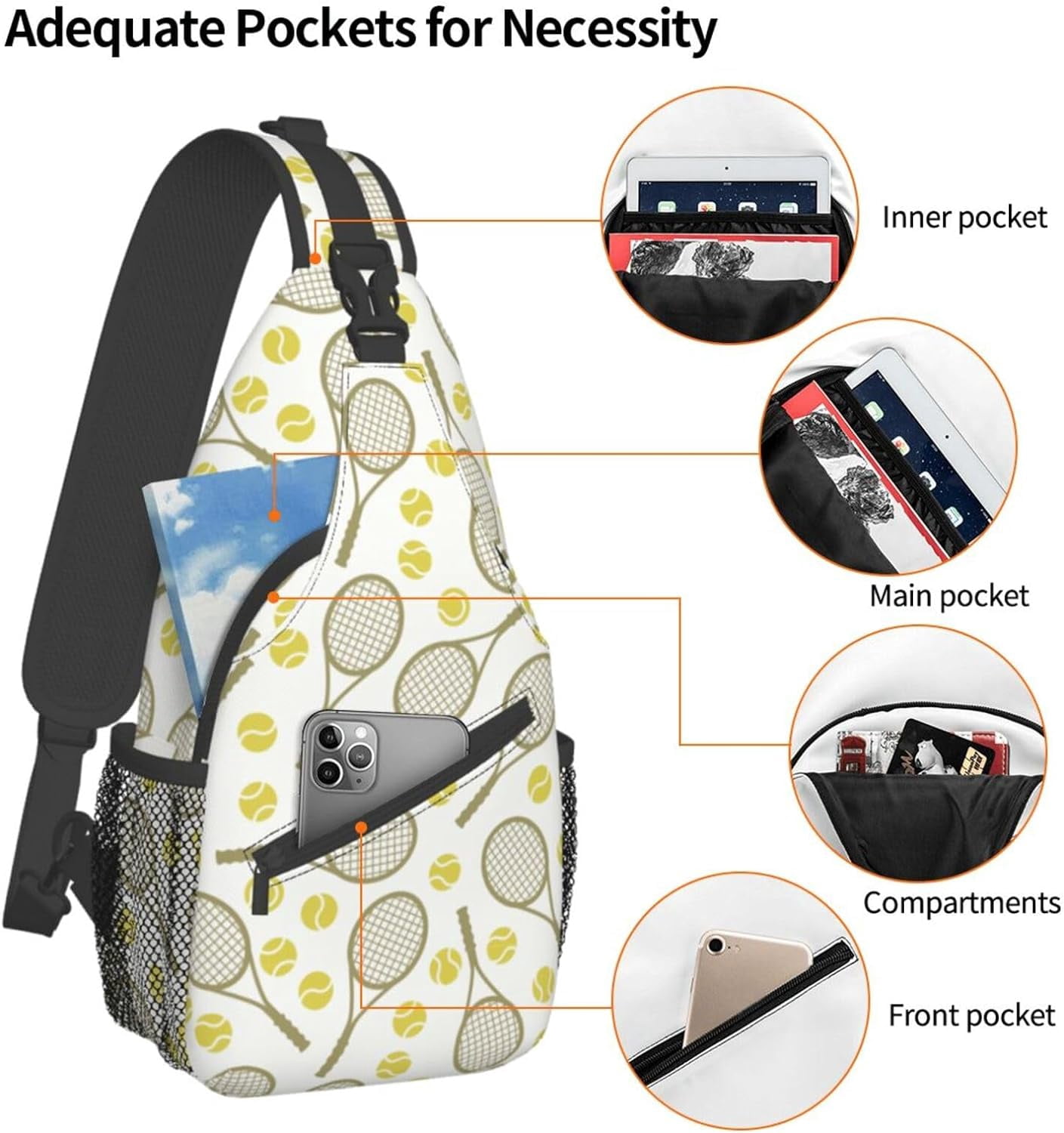 Tennis Rackets and Balls Pattern Sling Bag Crossbody Hiking Travel Chest Bags Backpack Shoulder Daypack for Women Men
