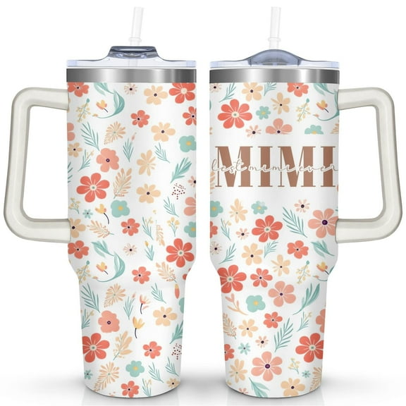 Mini Flower 40 Oz Tumbler with Handle Lid and Straw, Stainless Steel Double Walled Vacuum Insulated Cup, Cute Anniversary Wedding Birthday Gifts Tumbler for Women Men Friends Outdoor Indoor