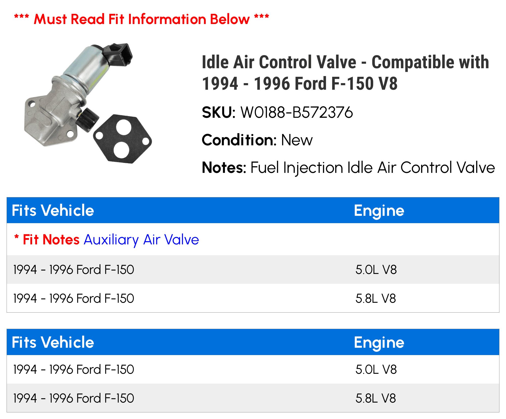 Idle Air Control Valve - Compatible with 1994 - 1996 Ford F-150 V8 1995