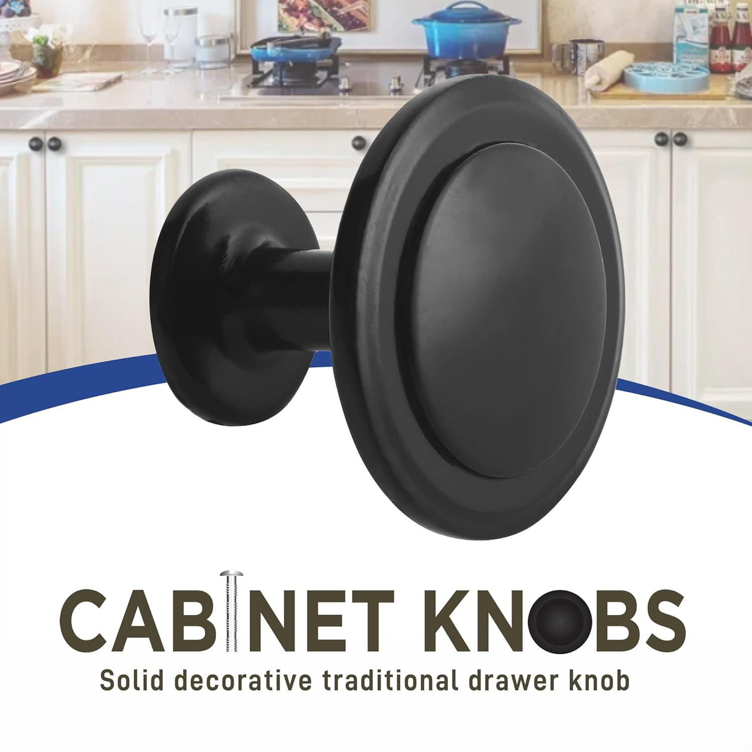 LifeMaster 50pcs 1-1/4" Matte Black Cabinet Knobs - Rust-Proof, Modern Design, Strong Zinc Alloy, Drawer Pulls with Short and Adjustable Screws - Stylish Handles for Kitchen, Dresser, and Cabinets