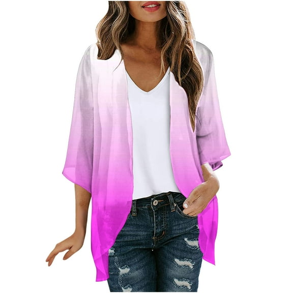 Sakmal Cover-Up Coats for Women Lightweight Elbow-Length Pink Chiffon Cardigan Loose Fit Gradient Jackets for Girls