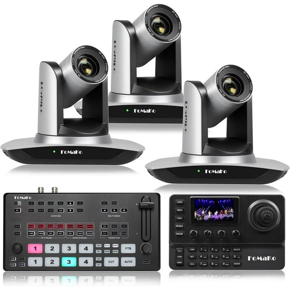FoMaKo AI Auto Tracking HDMI PTZ Camera, 20x Optical Zoom(3pcs), KC606 PTZ Controller, M2 Video Mixer Switcher, for Church Services Worship Education,PTZ Bundel(FMK12UH X3 M2 KC606)