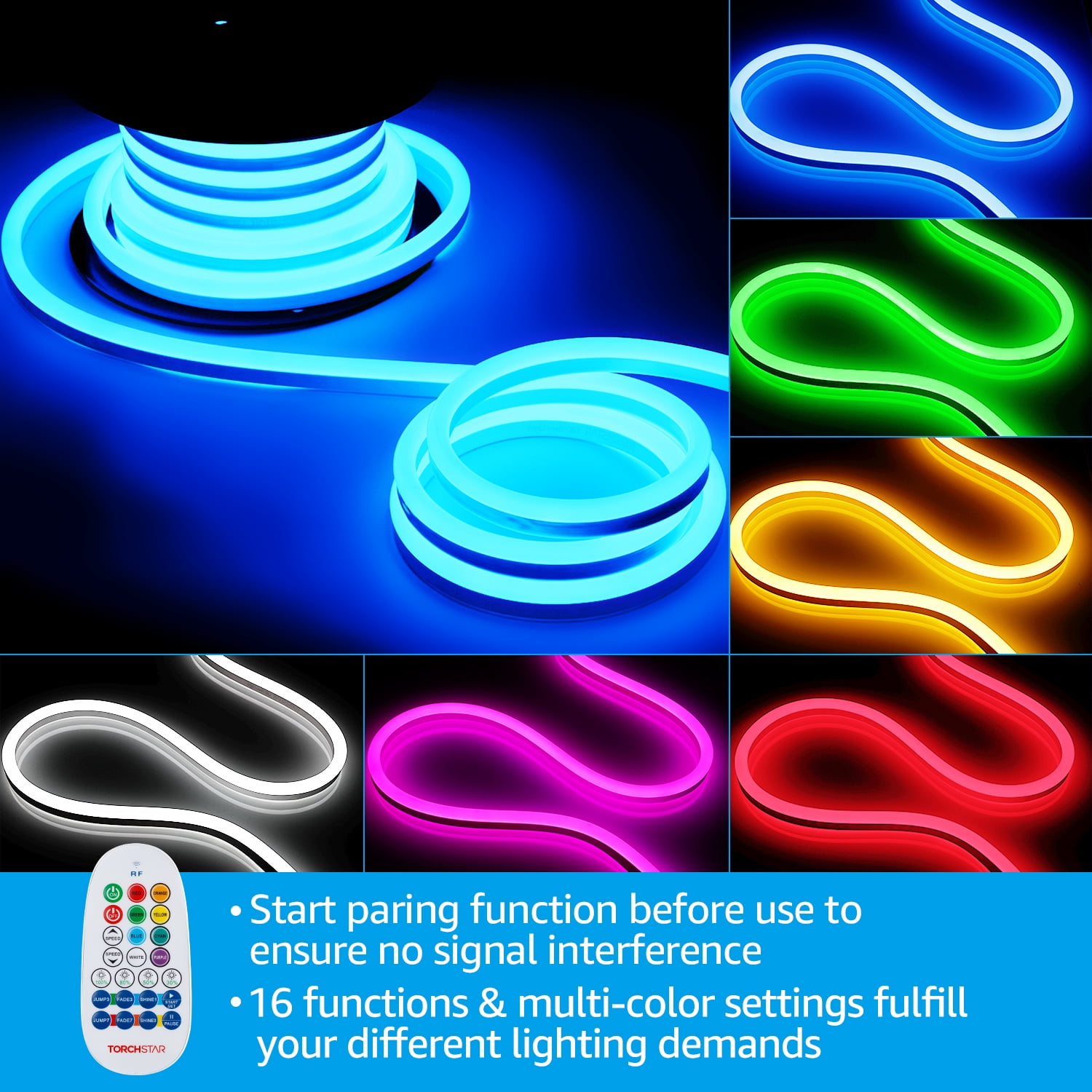50ft LED RGB Rope Light, IP67 Waterproof Neon Light, 120V Flexible Strip Lighting, Multi Color Changing with Remote Controller, (100ft Max) Linkable for Indoor & Outdoor Decor
