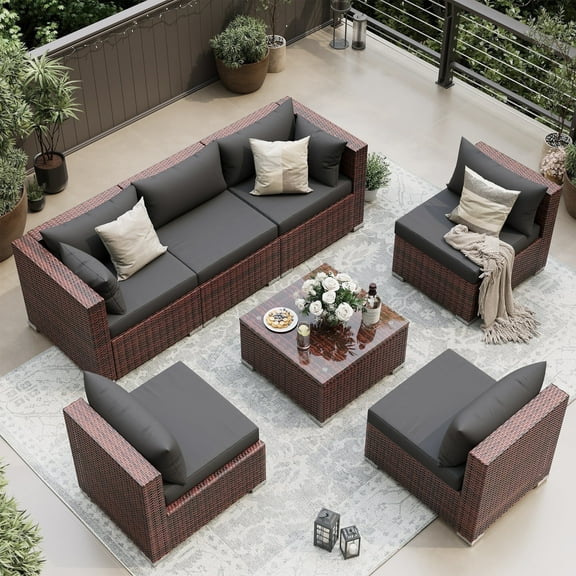 UDPATIO 7-Piece Rattan Outdoor Conversation Set with Glass Coffee Table, Grey