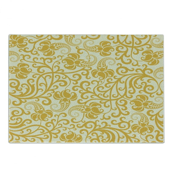 Art Nouveau Cutting Board, Rococo Style Curved Spring Blooms Branches Leaves Boho, Decorative Tempered Glass Cutting and Serving Board, Small Size, Pale Yellow Earth Yellow, by Ambesonne