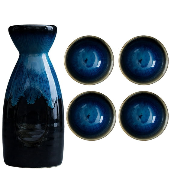 5-Piece Set Japanese Sake, Ceramic Sake Glasses with Bottle and Cups, Glazed Pottery, Microwave & Dishwasher Safe, Blue, Bottle 10.1 oz / 300 ml Cups 3.4 oz / 100 ml