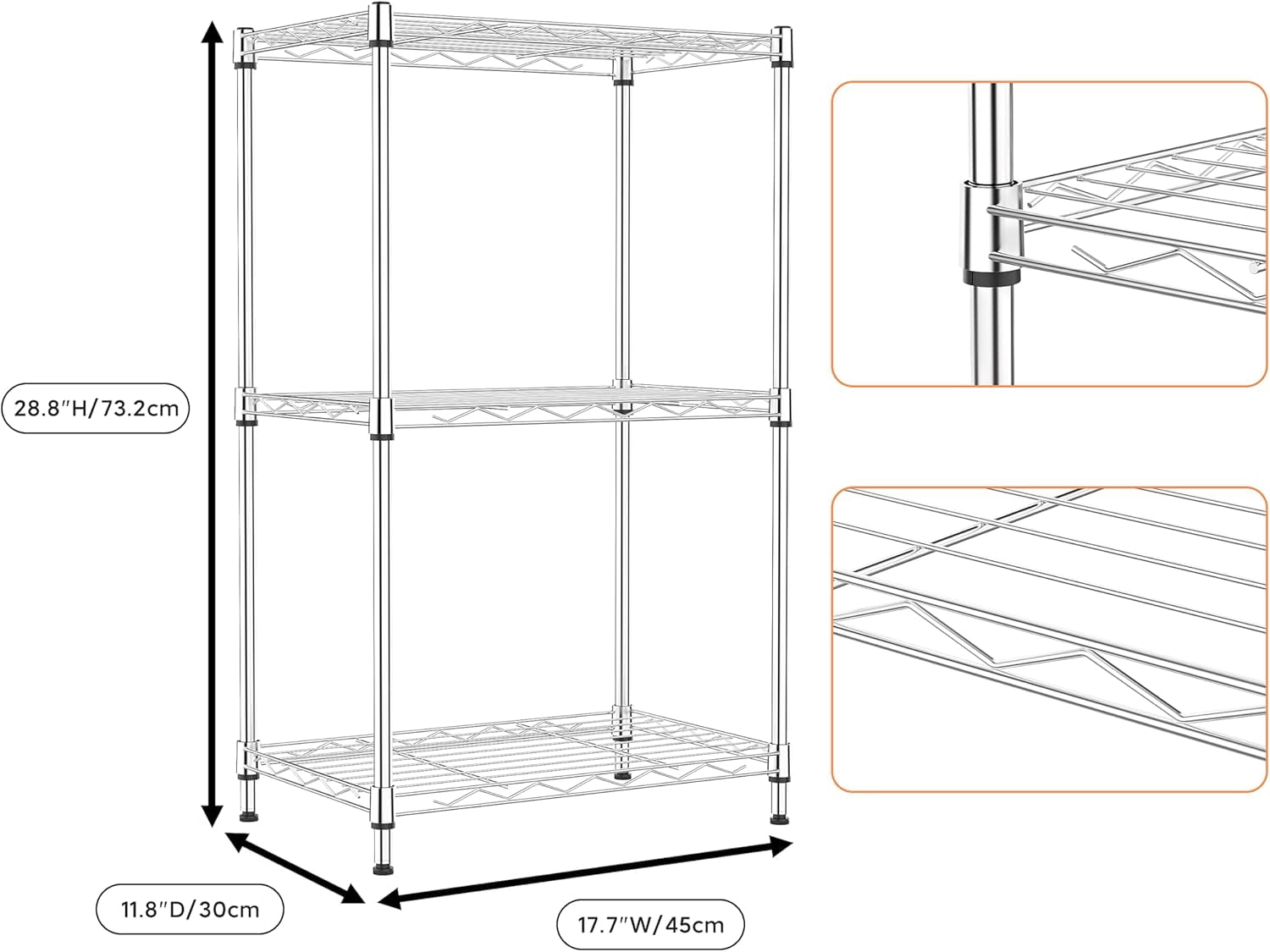 M MZG 3-Tier Metal Storage Shelf Wire Shelving Unit 17.7"W x 11.8"D x 28.8"H